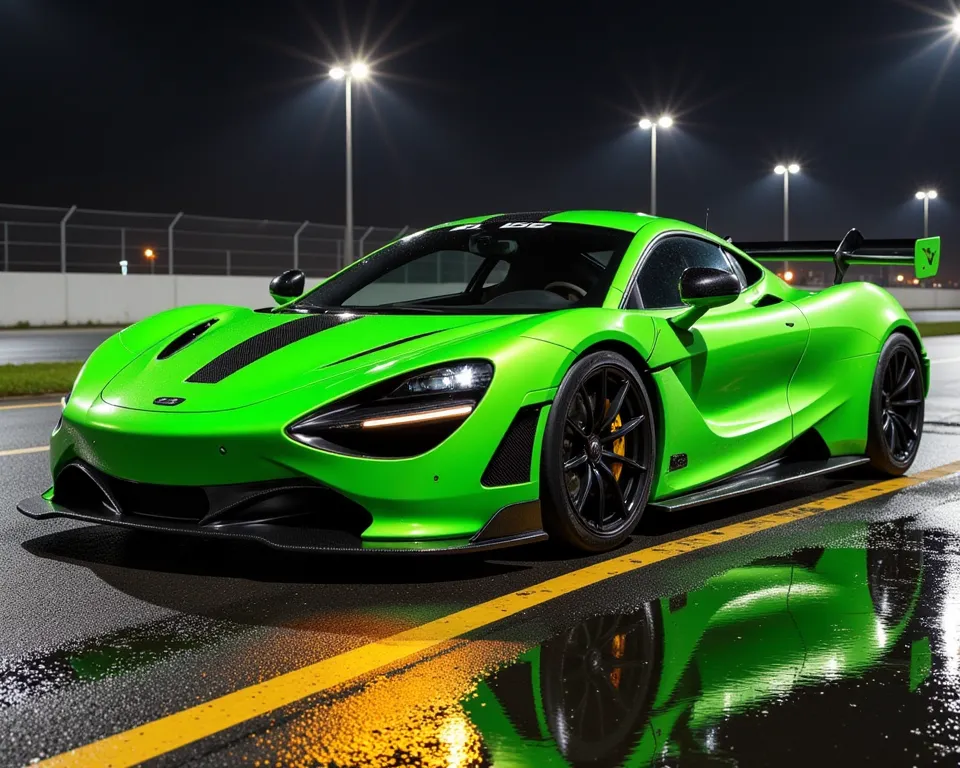 Flash green with reflective carbon stripes highlighted by black lines and bullet impact, sherman battle tank, matte black tracks with negative offset, golden neon, cyberpunk, asphalt, grand prix, neon glinting in puddles, perfect night shot in race, left h...