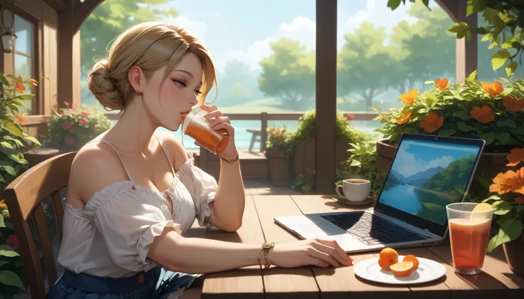 "A serene front yard garden with a cozy seating area, featuring a wooden table and comfortable chairs. A woman is sitting leisurely, sipping her coffee as she focuses on her laptop. Her smartphone rests nearby. The gentle breeze moves the leaves, and the s...