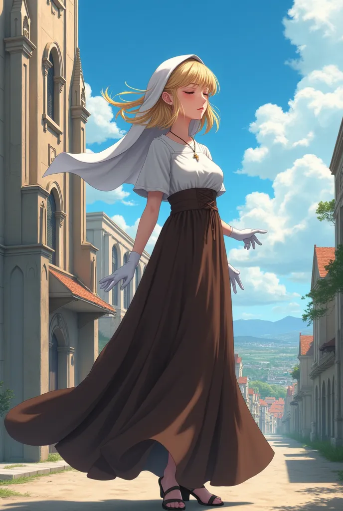 Double, short blonde hair, medium breasts, Alone, 1 girl, smile, cowboy shooting, Eyes Closed, brown habit , cross necklace,  white gloves, mangas largas, only, long skirt (incredibly detailed, beautiful and detailed face, beautiful and detailed eyes, mast...