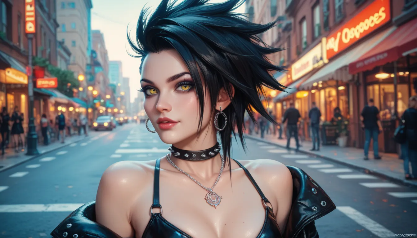 a very beautiful woman, pale skin, yellow eyes, short black hair, punk, arms tatooes, sexy posing, punk street background