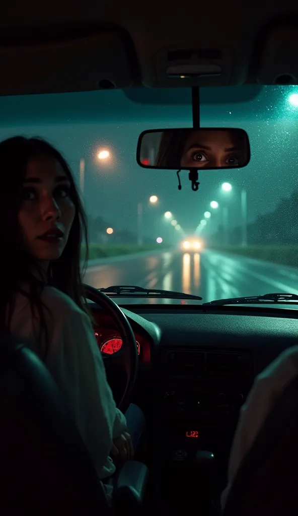 "A dimly lit taxi interior at night, heavy rain outside, driver looking in the rearview mirror with wide, terrified eyes. Behind him, a ghostly woman with long black hair and hollow eyes sits still, her face partially hidden in the darkness. Her expression...