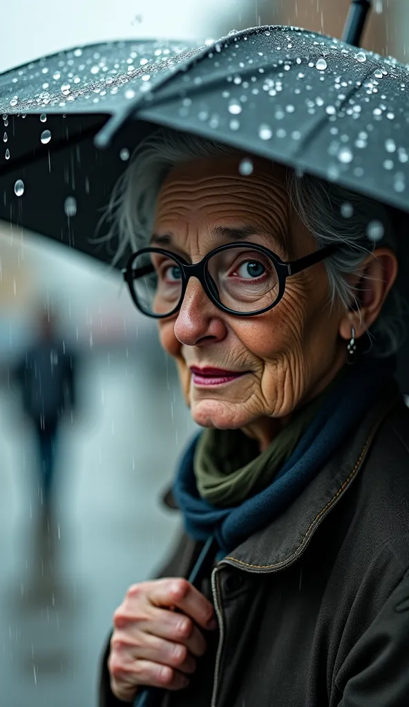 2 eyes of an old woman with a broken umbrella while it's raining on the blurry street. 