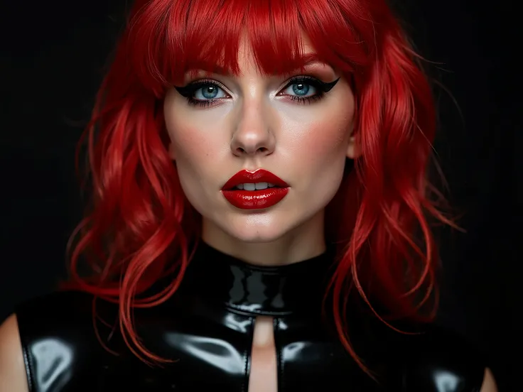 extremely glossy red lips, black latex outfit, latex rubber neck-entry bodysuit, portrait of face and chest, red hair, eyeliner flicks