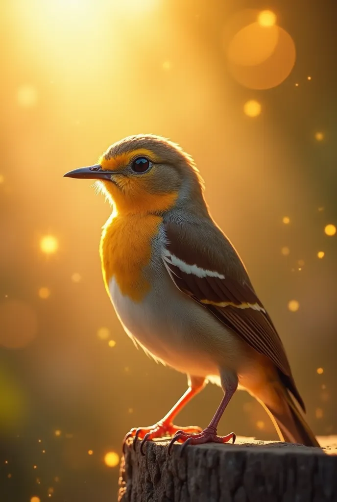 A mesmerizing close up portrait of a beautiful little bird illuminated by the soft golden light of a quiet morning,  with vibrant bokeh balls gently framing their delicate shape.