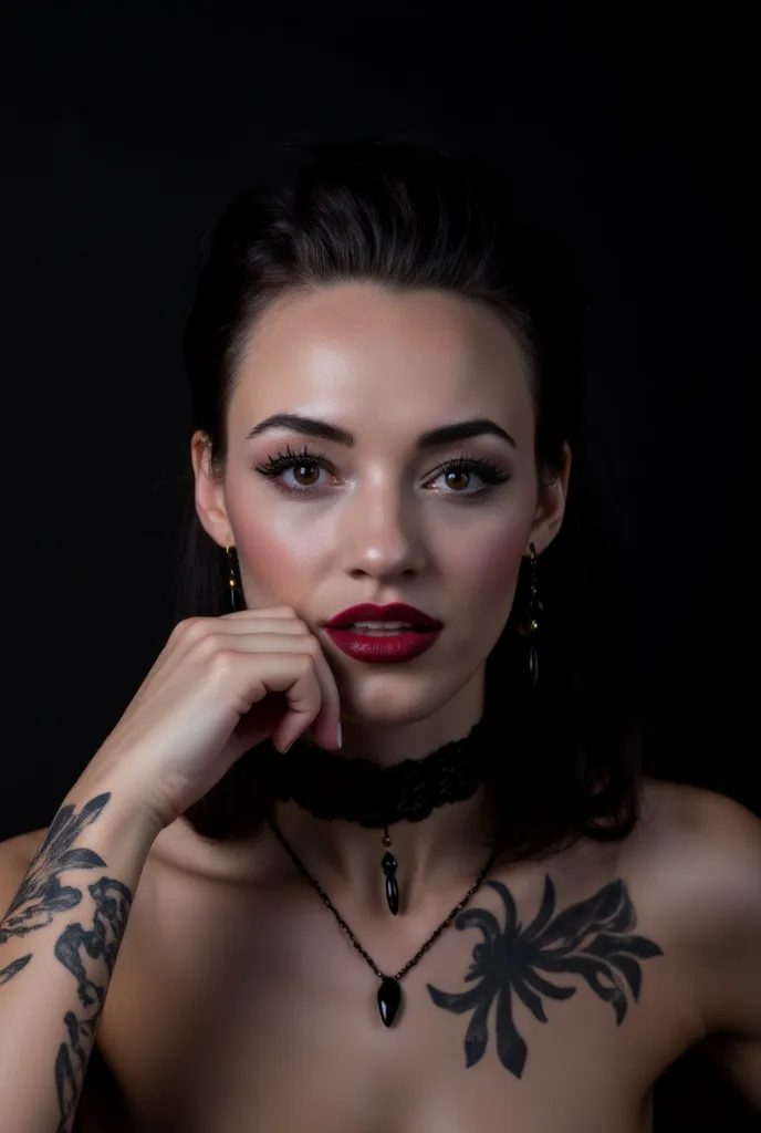 highres face closeup photograph of a beautiful young woman. her head is slightly tilted and her one hand rests gently at her chin in an sensual expression. she has a pale complexion and bold dark eye makeup and lipstick. her black, medium length goth hairs...