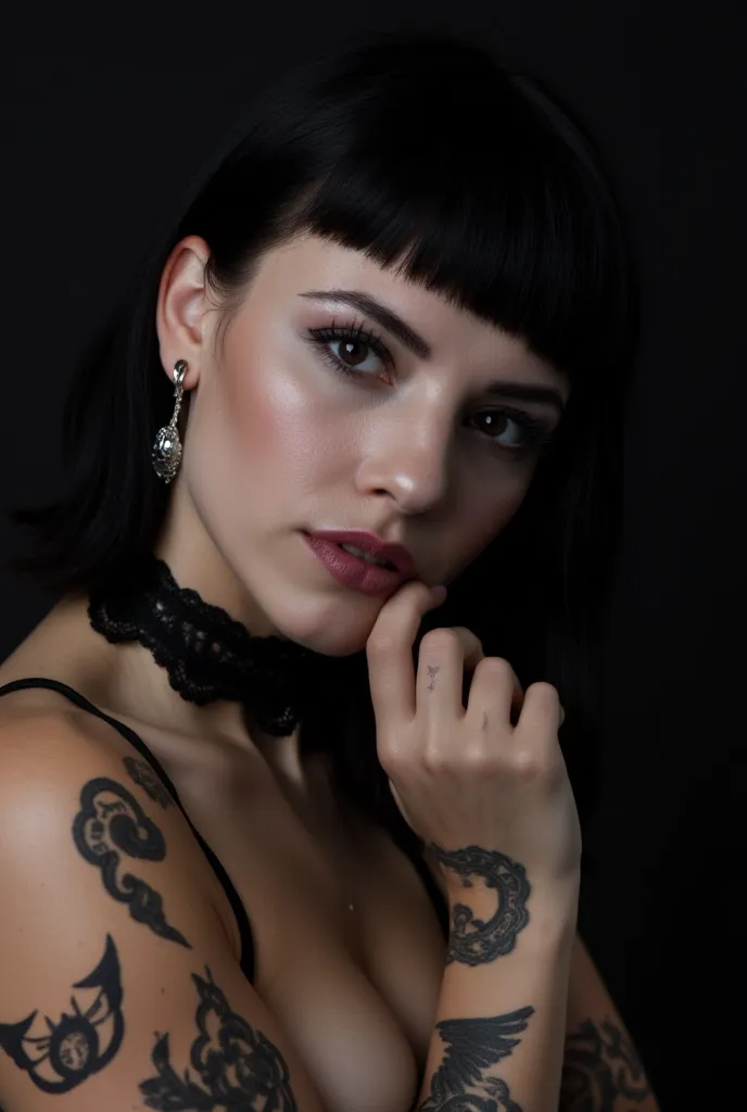 highres face closeup photograph of a beautiful young woman. her head is slightly tilted and her one hand rests gently at her chin in an sensual expression. she has a pale complexion and bold dark eye makeup and lipstick. her black, medium length goth hairs...