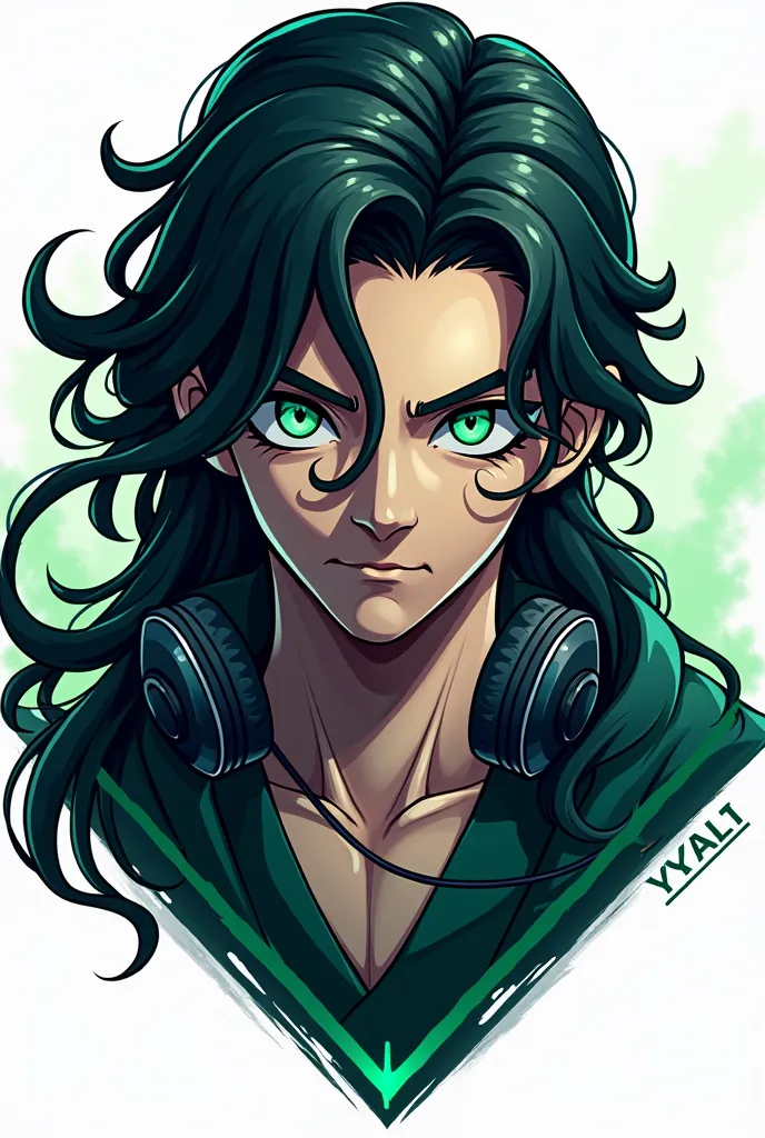 Men's gamer logo long wavy black hair with curlers green eyes earphones on the neck and the word Yuki VL and an air of a wizard