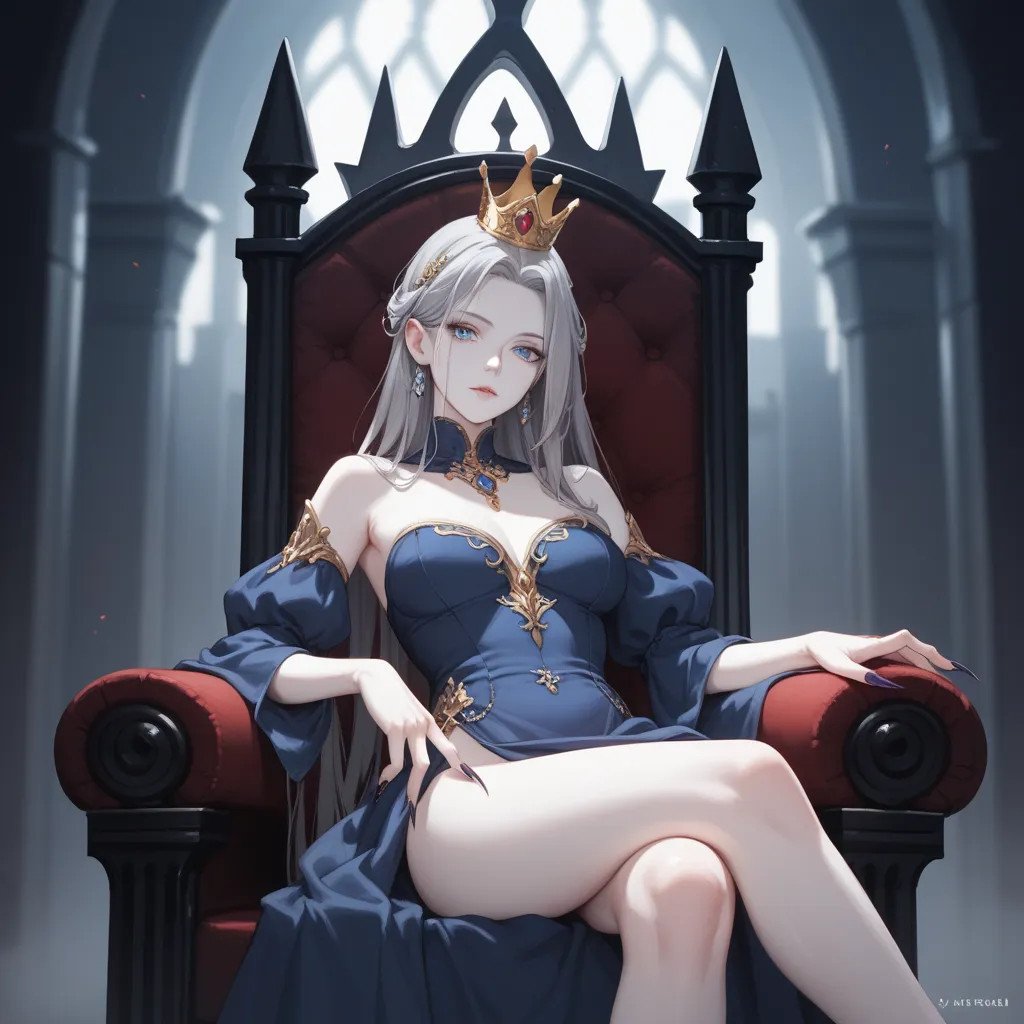 1 woman, 50 years old, older female, full plane view, dark castle background, pale skin, white skin, tier 9, anatomically correct body, neutral face, long nails, blue gray dress, gray hair, dark purple lower hair, thin crown, queen, sitting on a dark thron...