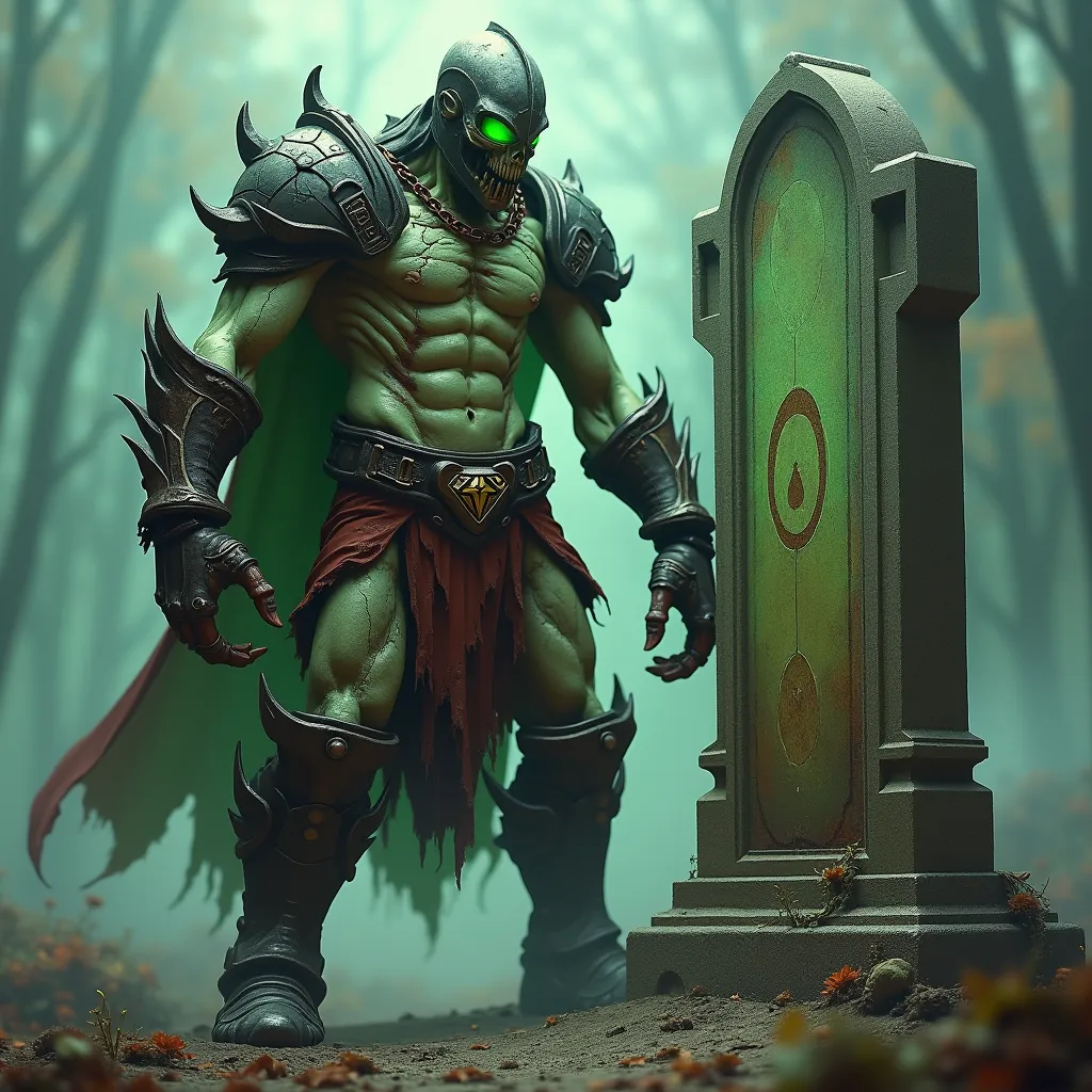 Ultra-Realistic Full-Body Zoom-Out Portrait – Human Undying (Dota 2-Inspired, Real Human Figure) Wearing Undying’s Helmet, Standing Beside a Massive Tombstone
Prompt:
A hyper-realistic, full-body zoom-out portrait of a terrifying, undead warrior—a human ve...