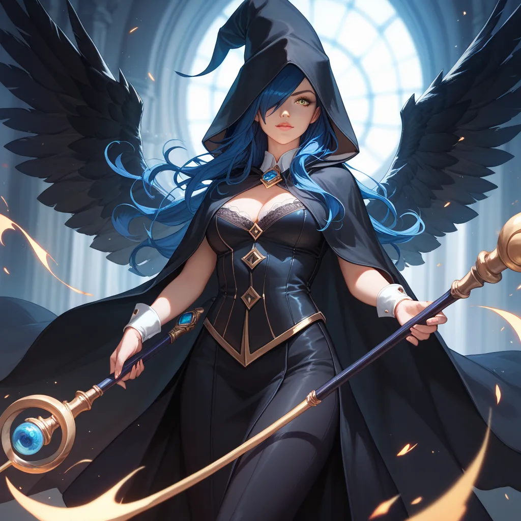 Dark figure of a woman in a black hood, right eye covered by hair, left eye yellow,  dark blue long hair, magician, sorceress, a magical aura spreads around the woman, magic staff, black large wings, dark figure, black cloak