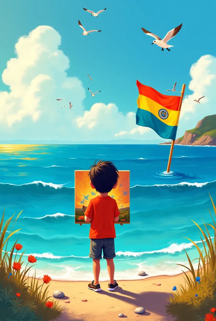 Generate an artistic image of the Day of the Sea drawn by a  boy with the sea and the Bolivian flag