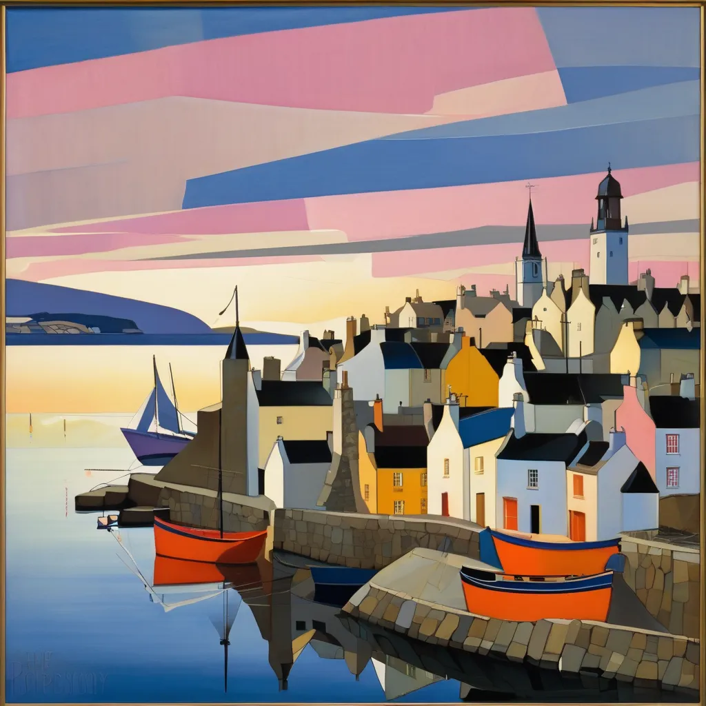 Lyonel Feininger Style - 102528. A painting by Raymond Duchamp-Villon. A painting of Portsoy Harbour at sunset showcases the enchanting charm and picturesque setting of this Scottish harbor on the Moray Firth coast through an innovative blend of geometric ...