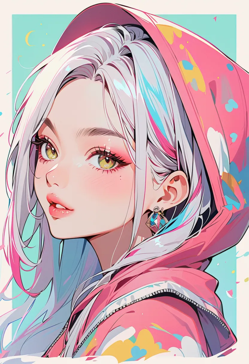 1girl, solo, jewelry, earrings, hood, long_hair, multicolored_hair