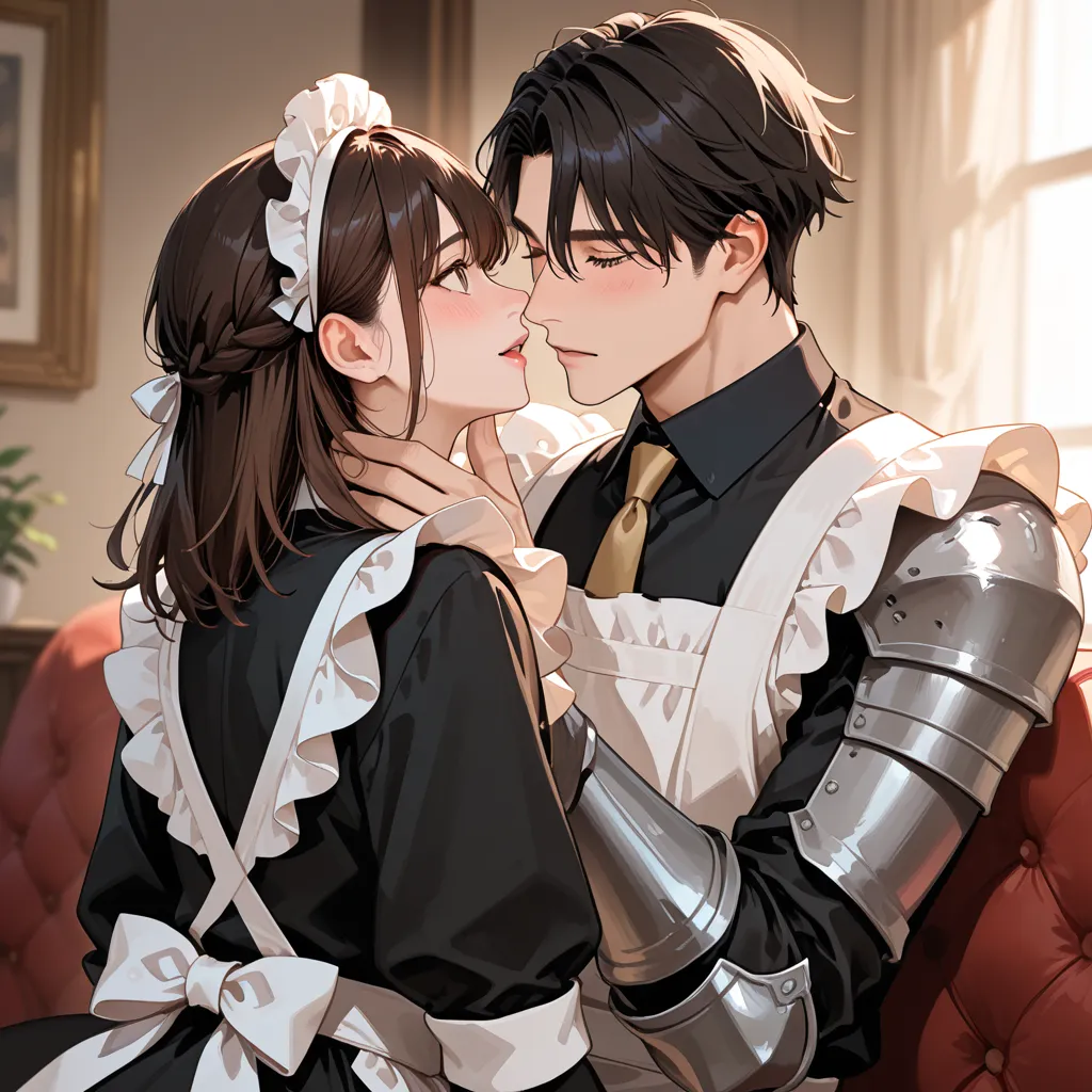 a male knight with a female maid as a romantic couple