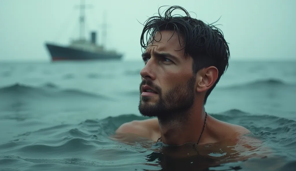 a world war 2 young 20 year old American solder is in middle of the ocean in water, he is looking for someone here and there but could not find anyone around, his face expressions are worried, the scene is nostalgic with 1900s