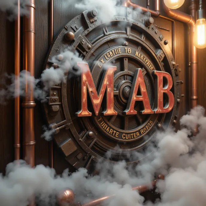 Dynamic Steampunk Style Wallpaper
 Primary Subject: the name "MAB" and the phrase "Ex Unitate Vires" in Steampunk Style. 
Secondary Subject: Dynamic Steampunk Composition Background. Include Copper Piping and Steel. Include Dark Wood Grain Wall. Include Ge...