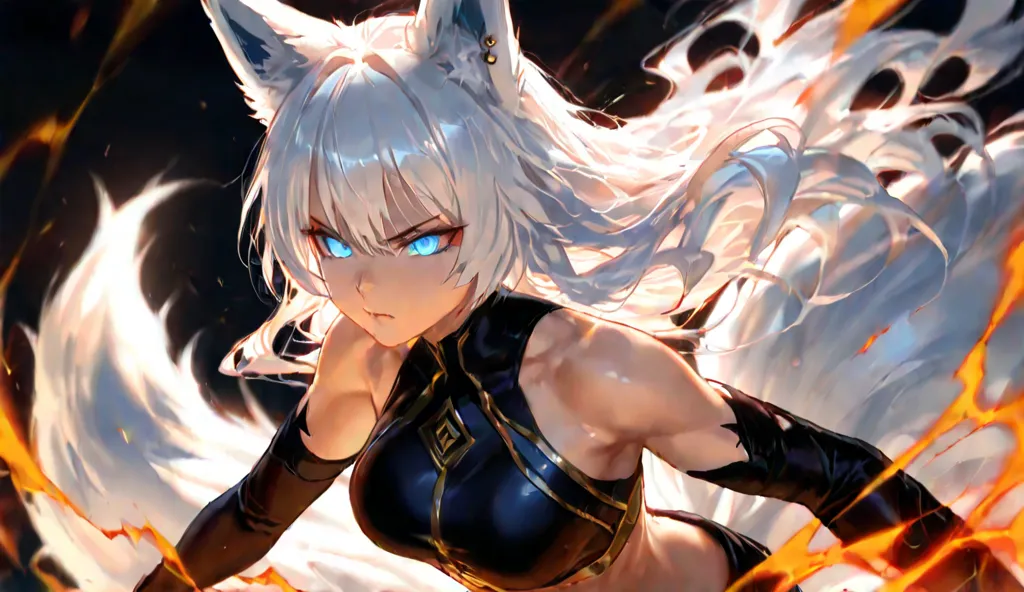 masterpiece, best quality, fierce and sexy anime-style fox-human hybrid, with long, wavy white hair flowing dramatically, piercing bright blue eyes filled with intensity and confidence, sharp fox ears and a sleek, fluffy tail, wearing a form-fitting, battl...