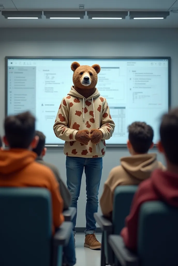 Bear sweatshirt teacher in front of students at university modern computer science whiteboard chairs