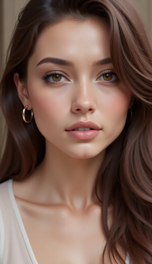 create a hyper-realistic portrait of an oval-faced woman with medium-tone skin, almond brown eyes with an extreme level of detail that captures all the imperfections and real textures of the skin. She has medium brown almond-shaped eyes and loose wavy brow...