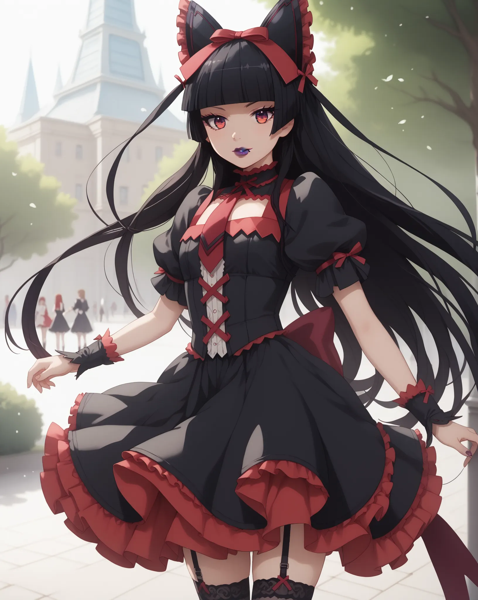 (rory mercury, long hair, black hair, red eyes, bangs, blunt bangs, hime cut, thighhighs, bow, ribbon, hair ribbon, garter straps, dress, black dress, puffy sleeves, frills, detached sleeves, necktie, red necktie, lipstick, purple lipstick), 8k, park