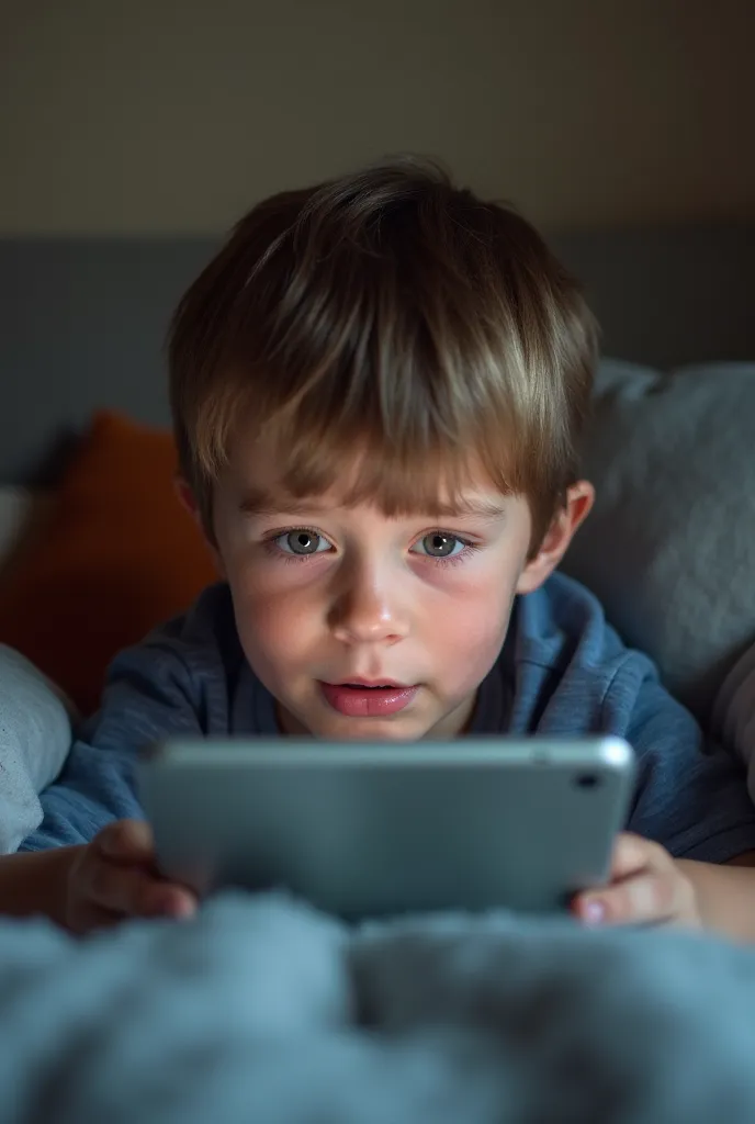 Picture of a boy on a sofa or bed, with eyes fixed on the screen, with a surprised or tired expression: The person may have an expression that reflects how they realize that time has passed without realizing it.