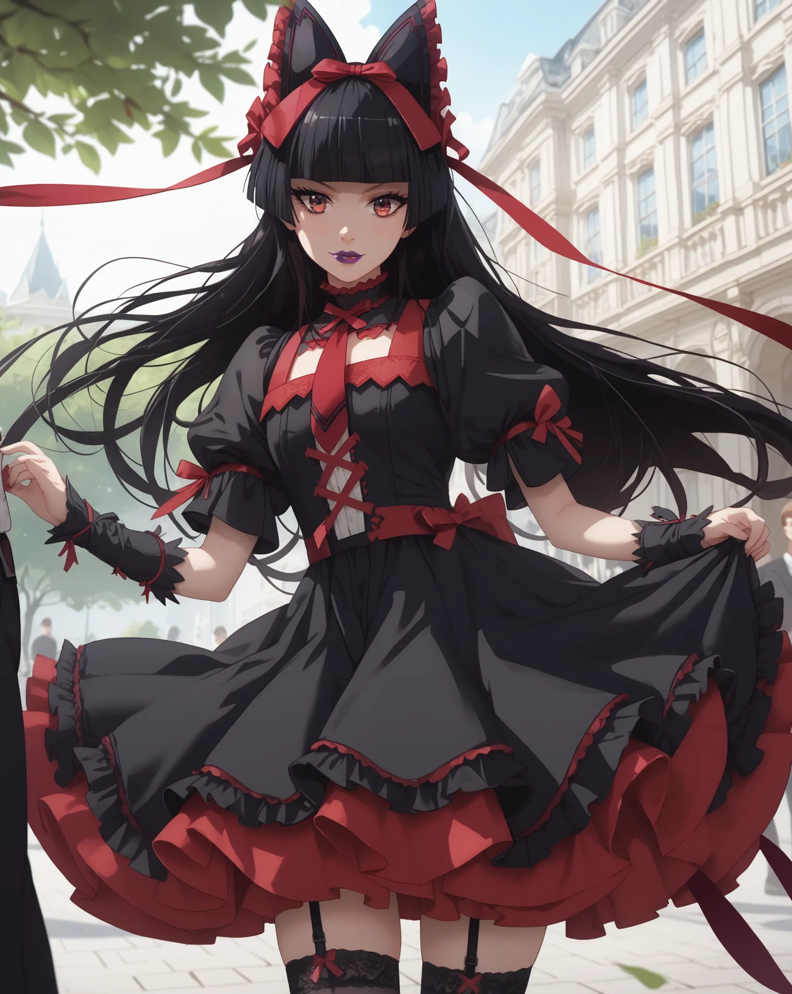 (rory mercury, long hair, black hair, red eyes, bangs, blunt bangs, hime cut, thighhighs, bow, ribbon, hair ribbon, garter straps, dress, black dress, puffy sleeves, frills, detached sleeves, necktie, red necktie, lipstick, purple lipstick), 8k, park