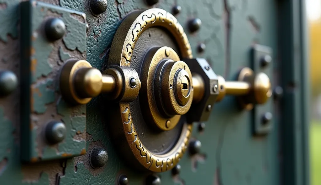 Give me a close up image showing a well secured 1880's lock of a cemetery vault of the year 1820 to emphasize the impossibility of outside access. The image should be hyper realistic and in 8k