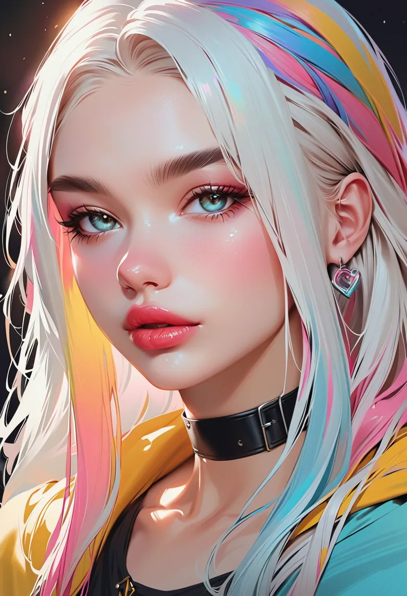 1girl, solo, hood, white_hair, long_hair, nose, choker, lips, multicolored_hair, rainbow_hair, looking_at_viewer, realistic, black_background, blue_eyes