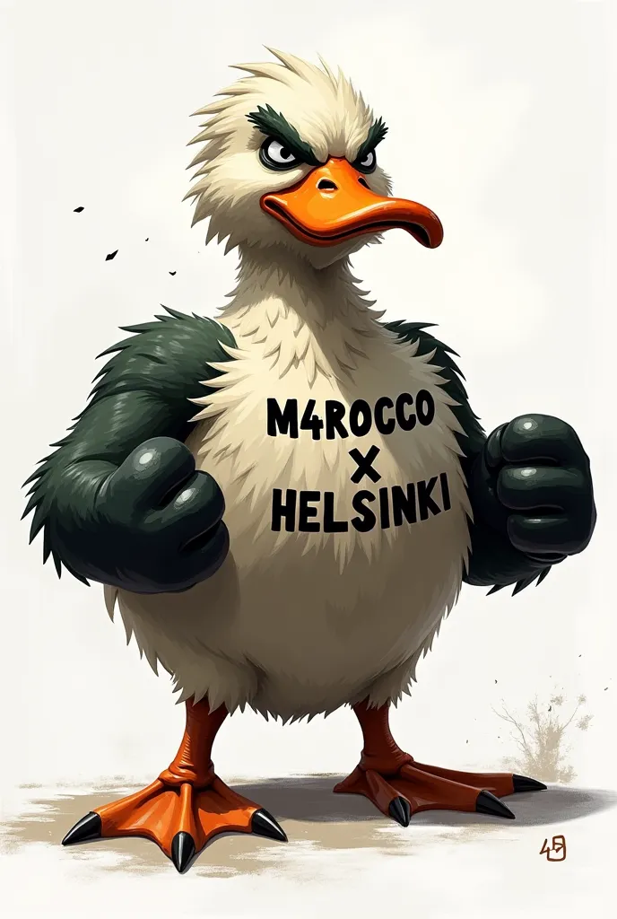 A pissed off fighting duck with the name M4ROCCO x HELSINKI on the chest 