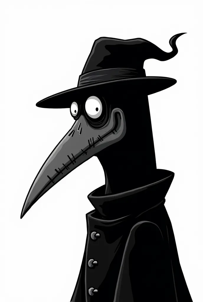 create a plague doctor face profile image in black and white cartoon format