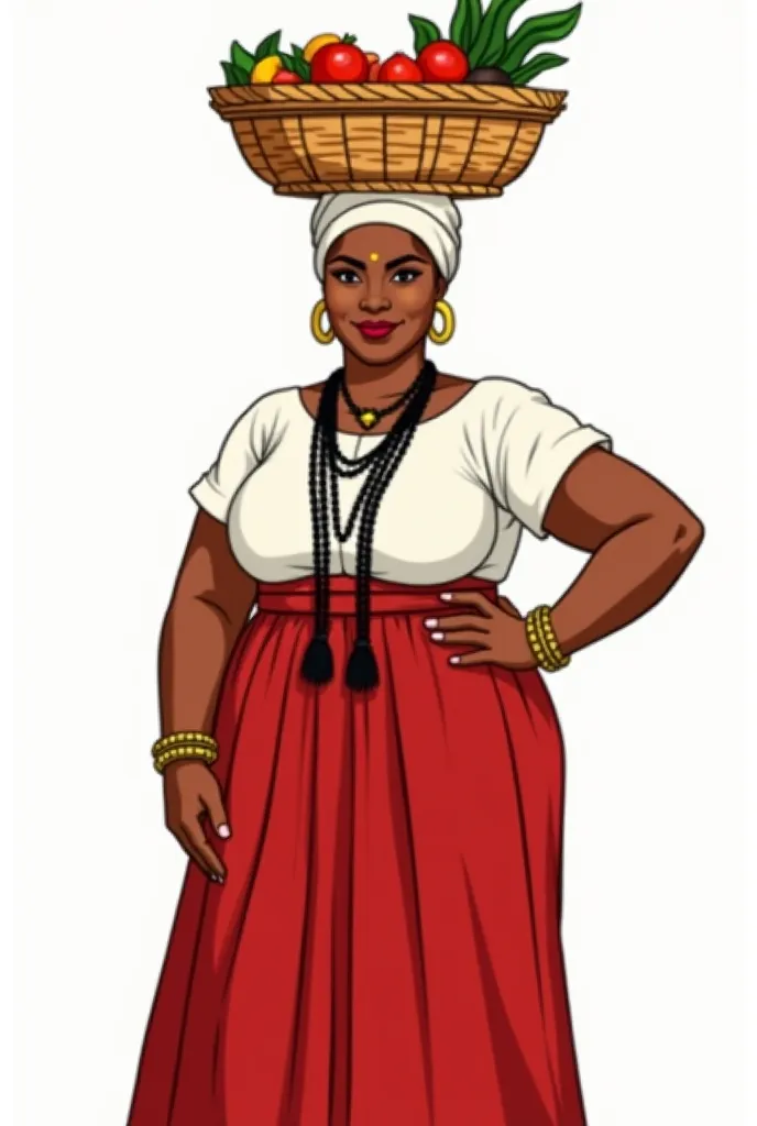 This is a digital illustration of a plump Afro-Brazilian woman dressed in traditional clothing. She wears a white blouse with short sleeves, a long flowing red skirt, and a white headwrap that covers her hair completely. Around her neck, she has long black...