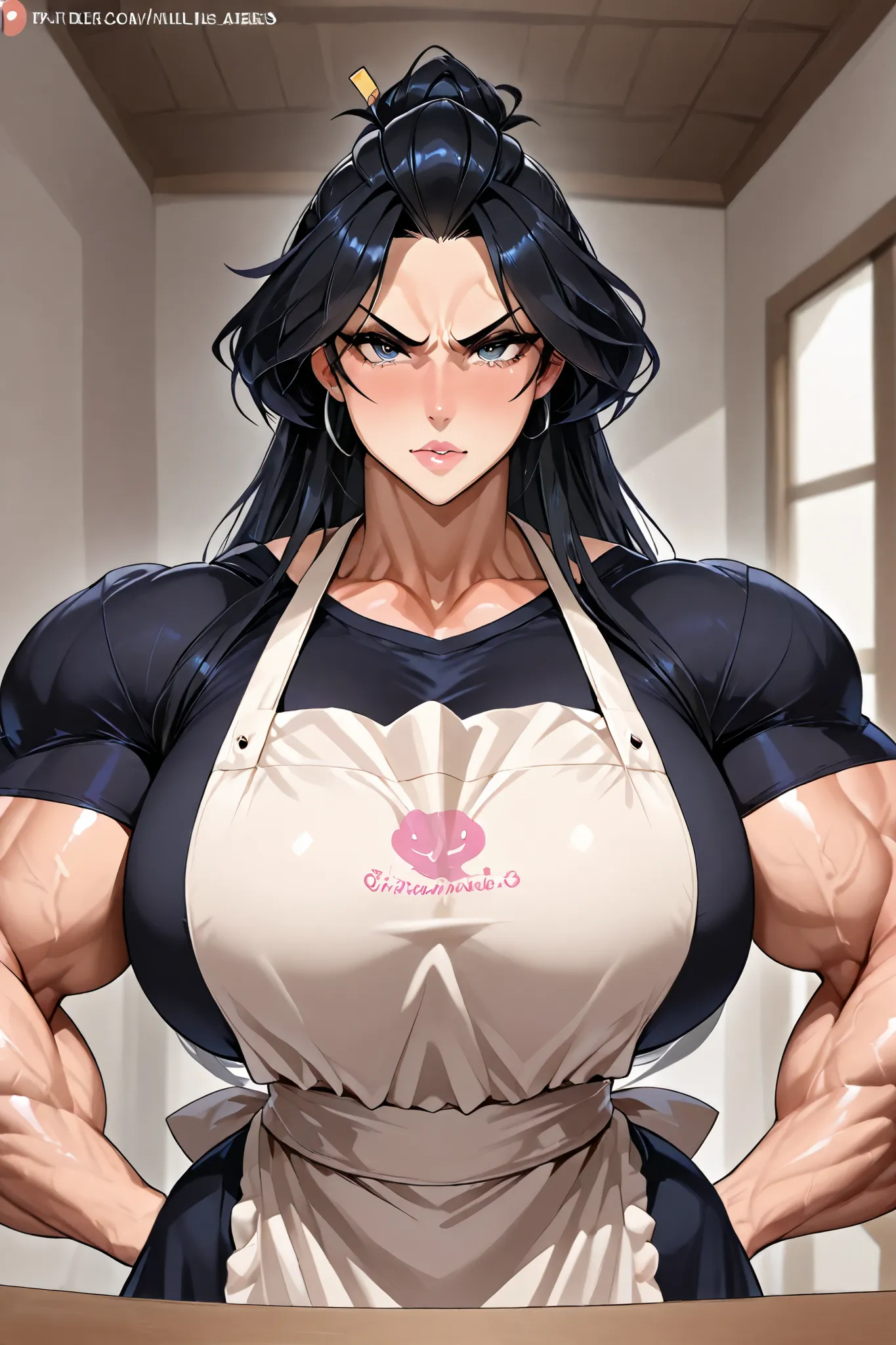 Tall black haired female bodybuilder with large muscles, large breasts, and wearing an apron and her aems are uncovered. She is angry at the viewer and looks ready to do something unpleasantly physical to the viewer.