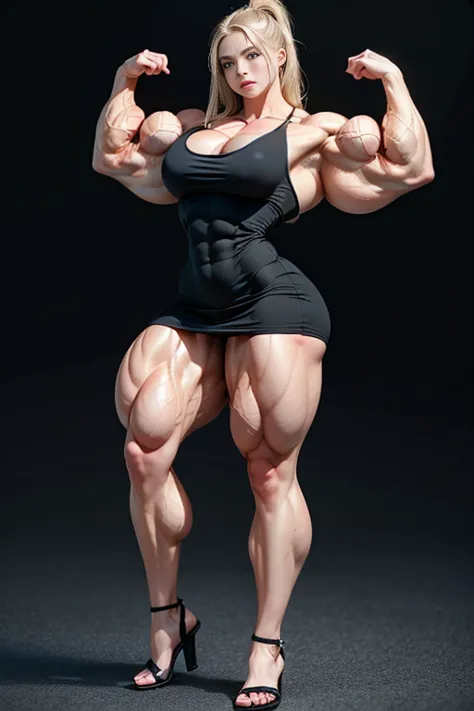  beautiful model , blonde, Norwegian face, super details , HD,  muscular girl  (young age girl :1.98) In a short dress, full of huge big veins, vascularized, standing in sandals, Grossa bodybuilder hyper musvolosa, super defined muscles, fat-free, covered ...