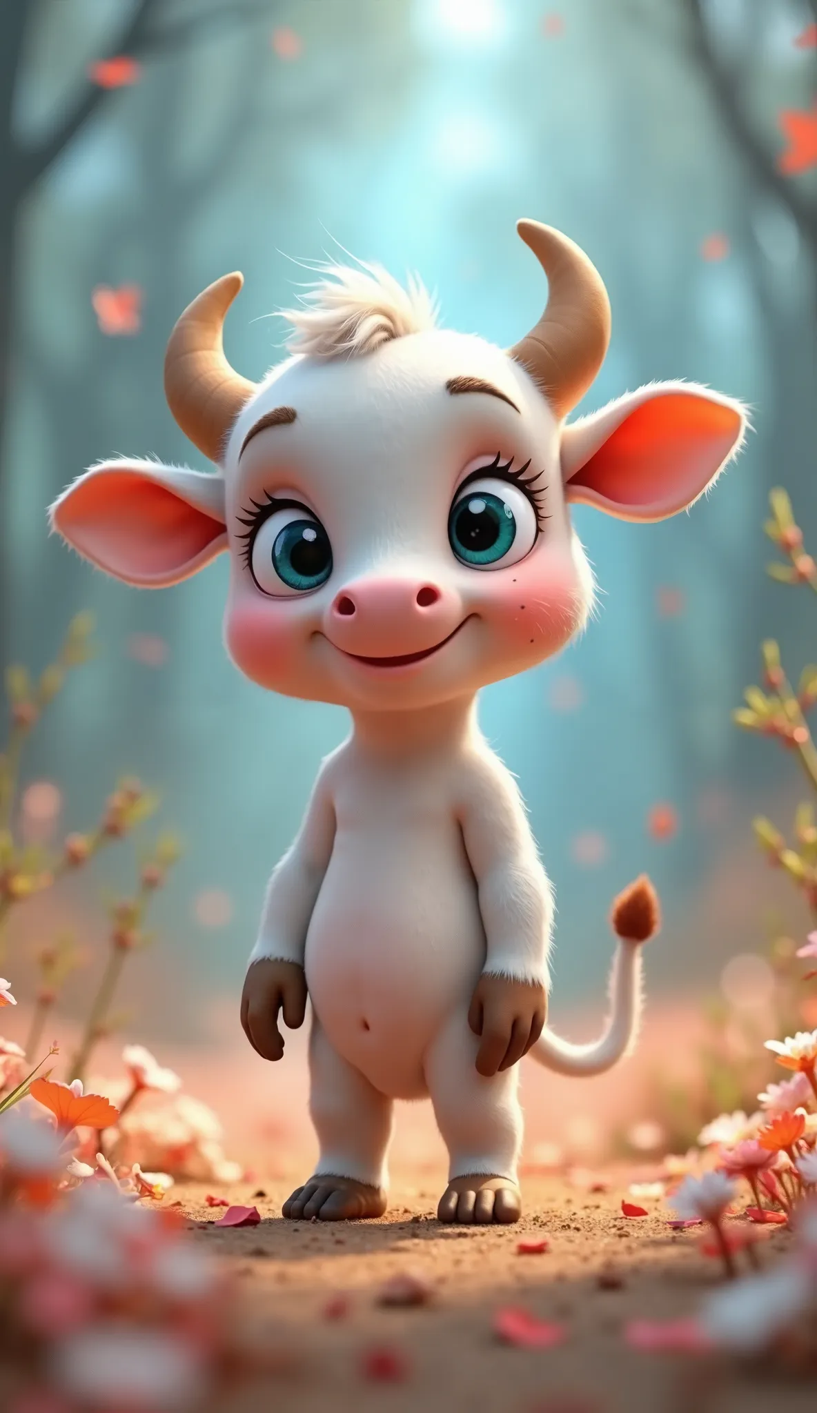  baby in Disney Pixar style 3D cartoon very beautiful blue eye cow clothing in a surreal setting and beautiful graphics beautiful baby has to be standing up all over the screen and be very close looking at the camera and smiling