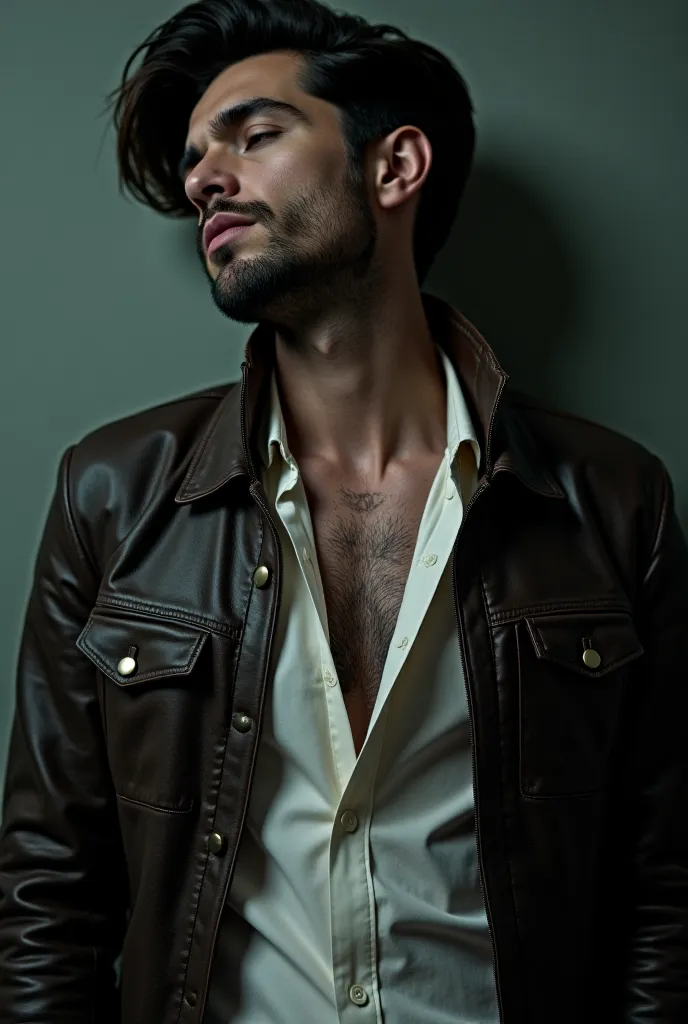 A man wears a leather coat with a white shirt inside which the shirt is open and he is masturbating