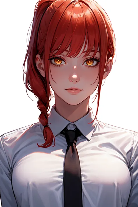 ((masterpiece, better quality, ultra detailed)), a girl, old_arriba, Alone , looking at the spectator, hands, red hair, ponytail braid, yellow eyes, ringed eyes, white shirt, tie, arms behind the back, ((White background:1.3)),  arriveper-body