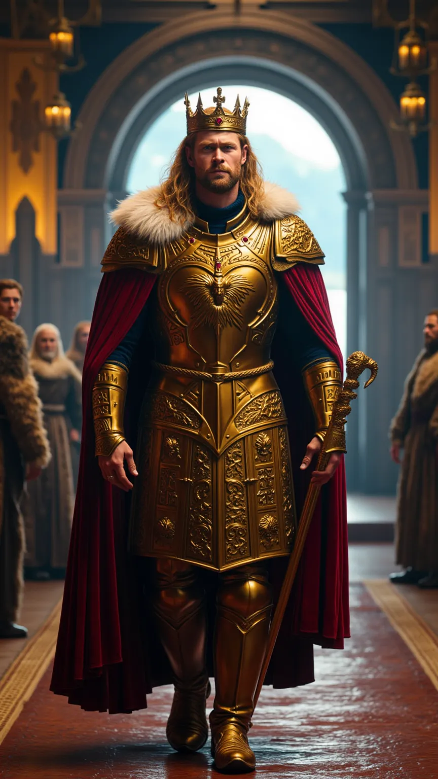 Chris Hemsworth reimagined as a Medieval King walking and holding a golden orb､dramatic atmosphere, 1 male､ 

Long, golden-blonde hair flows past his shoulders, framing his strong jawline and piercing blue eyes. He has well-groomed beard. A heavy golden cr...