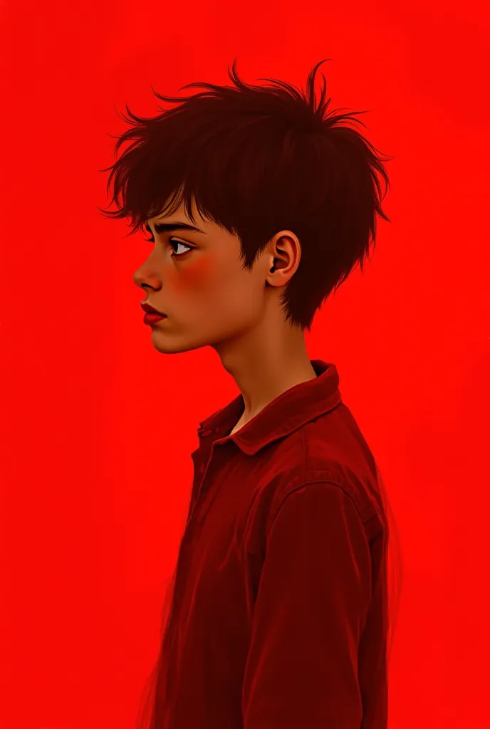 A boy with brown hair and a red background