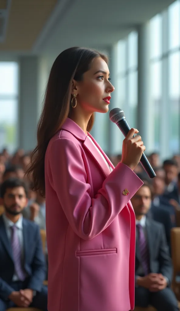 A beautiful young tallest elegant girl in pink blazer over silk pink blouse over pink burgundy speech in modern hall in peshawar to audience with mike and put side Pakistan flag and Tajikistan flag in 4k,3d 