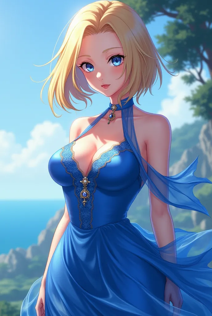 Create a picture of temari in blue dress with big breasts 
