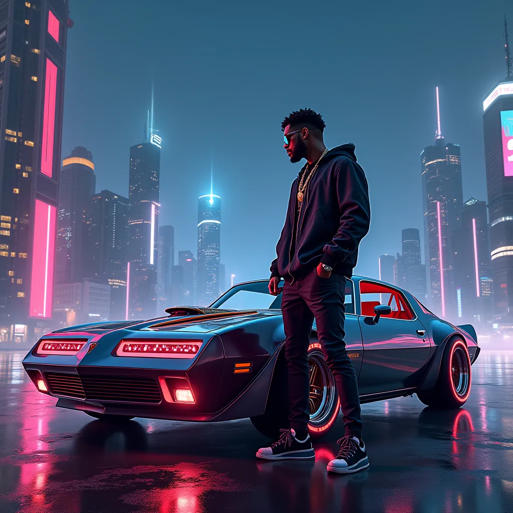 A rapper stands next to a futuristic old muscle car at night, with the city behind him