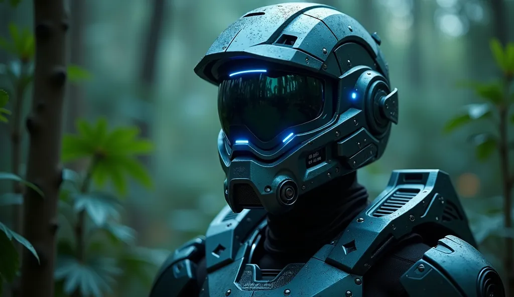 A futuristic soldier in an alien forest, wearing advanced tactical armor with glowing blue visors. The dense, bioluminescent foliage casts eerie reflections on the soldier's metallic plating. Shot with a high-end cinema camera, dramatic and moody lighting ...