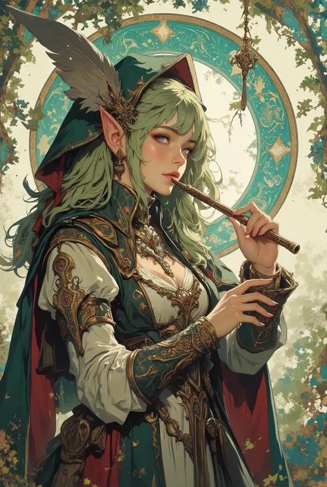 intricate linework with expressive contrasts, soft lighting with dynamic highlights, Impressionistic, ligne claire outlines for clarity and structure, In the style of ff-td, cowboy shot, playing a flute, 1girl, solo, medium breasts, long hair, elf, pointy ...