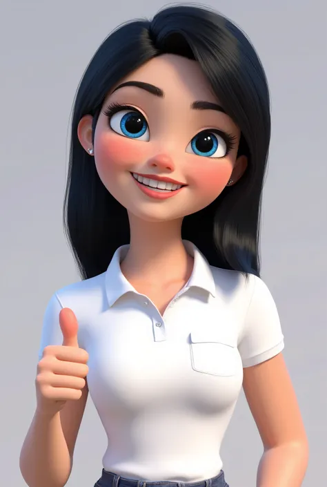 A woman of approximately 18 years old, thin with a medium bust body, white skin and straight black hair, blue eyes, dressed in a white polo collar with a pocket without details on the chest, making a thumbs up, Pixar style, 8k image