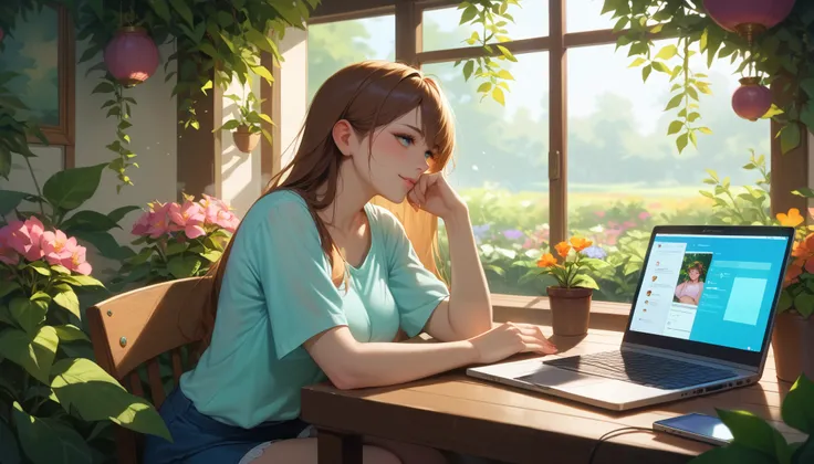 "A cozy outdoor seating area in front of a beautiful home garden, filled with lush green plants and colorful flowers. A woman sits at a small wooden table, gazing at her laptop screen with a relaxed expression. A steaming cup of coffee and her smartphone r...