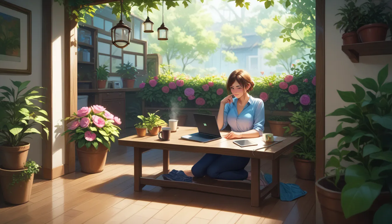 "A charming home garden with a rustic wooden patio, surrounded by vibrant plants and blooming flowers. A woman enjoys her morning coffee while looking at her laptop. Her smartphone is placed on the table. Sunlight casts soft shadows across the wooden floor...