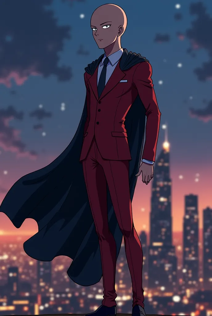 Create Saitama, from the anime One Punch Man, make him wear a clean and sharp suit, make him stand on the top of the tallest building, also make it night time, and make him wear a black cape, also, make him stand with his other partner, Genos, who is also ...