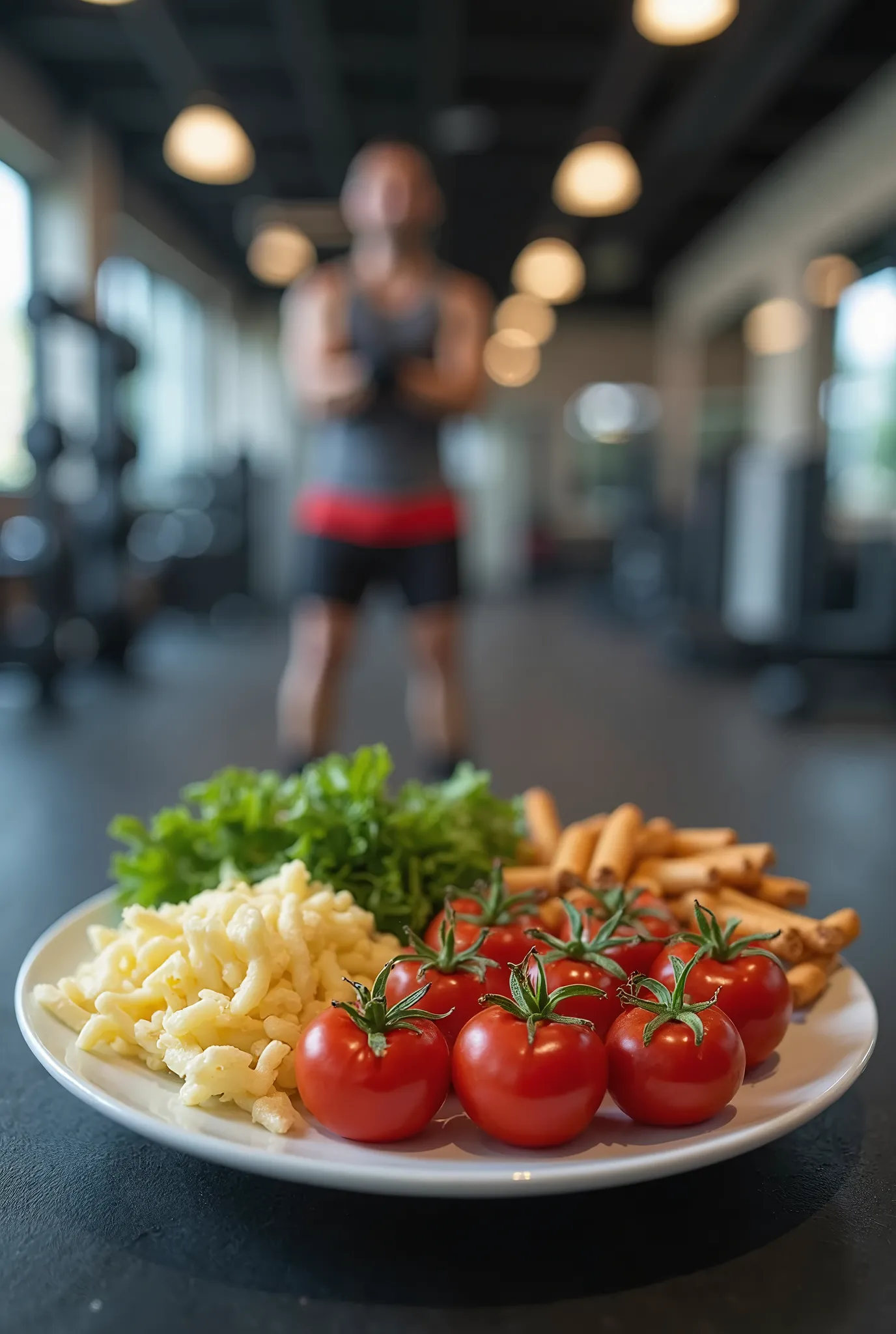 An image inside a weight training gym that features ,  a plate containing foods that help muscle recovery and, in the background, a person training