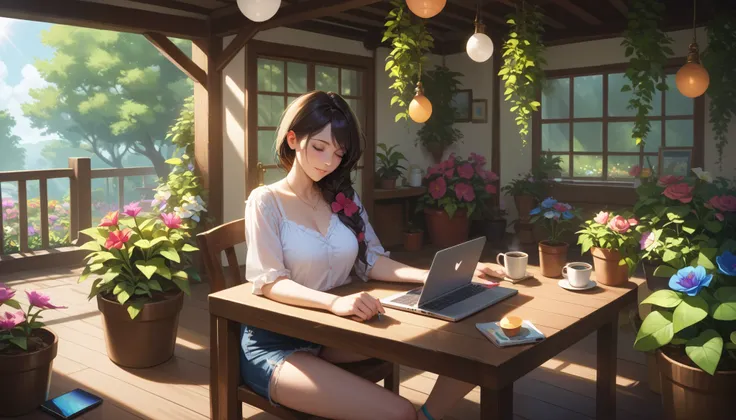 "A charming home garden with a rustic wooden patio, surrounded by vibrant plants and blooming flowers. A woman enjoys her morning coffee while looking at her laptop. Her smartphone is placed on the table. Sunlight casts soft shadows across the wooden floor...