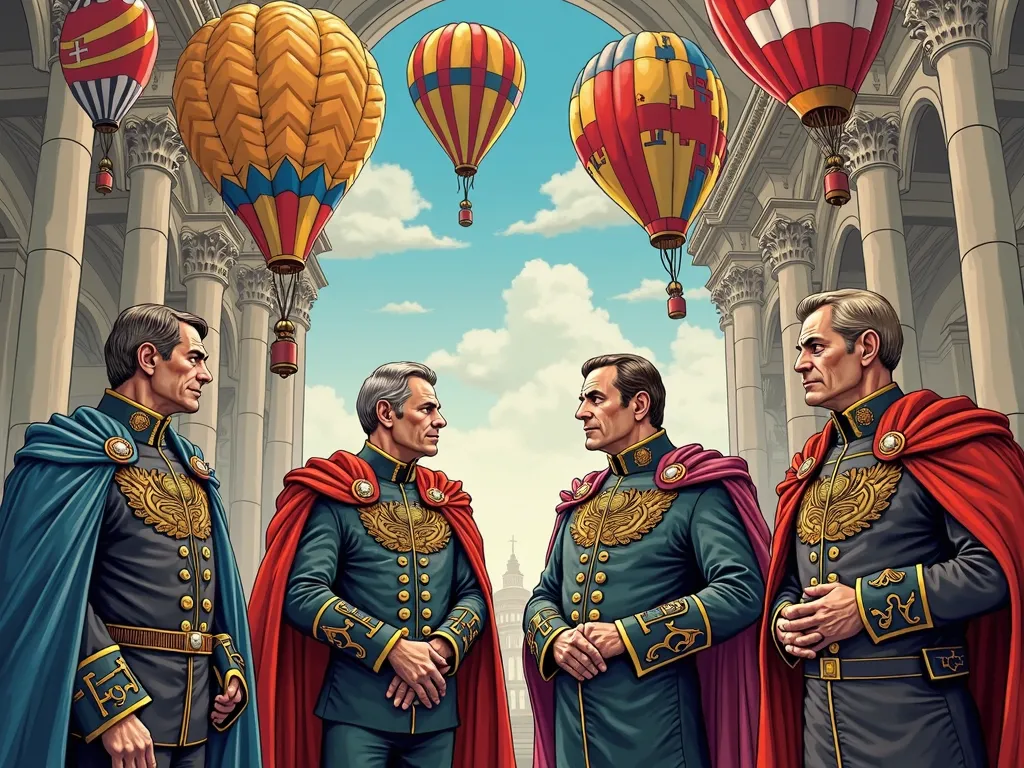 Create a meeting between the emperors of Germany, Austria, Belgium and Denmark, in comic book style, Without the speech and thought bubbles, with a circular table in the middle 